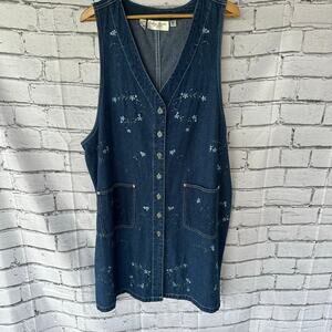 Vintage Casual Corner Woman & Co Floral Embroidered Denim Jumper Vest Dress 1X
